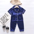 thumbnail image 4 of LUOGENLI Outfits Girls Rompers Size 8/9 Toddler Kids Baby Boys Girls Satin Button down Short Sleeve Shirt Tops and Long Pants Silk Pajamas Sleepwear Outfits Loungewear Set Navy 6-12 Months, 4 of 4