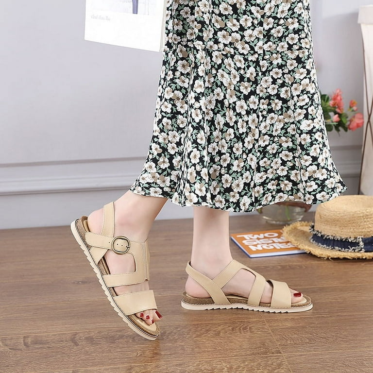 Casual Flat Sandals Women Summer Retro Buckle Solid Color Slippers