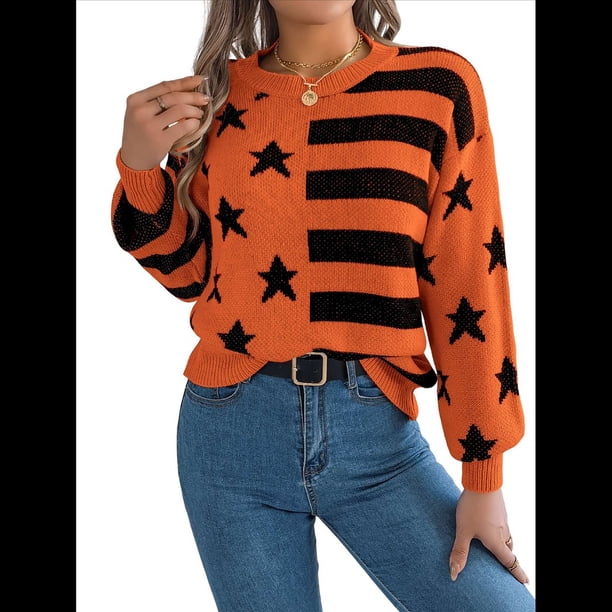 Suéter de Rayas con Hombros Caídos para Mujer, Suéter de Punto de Cuello Redondo Extragrande, Top Tipo Jersey. Color Naranja M