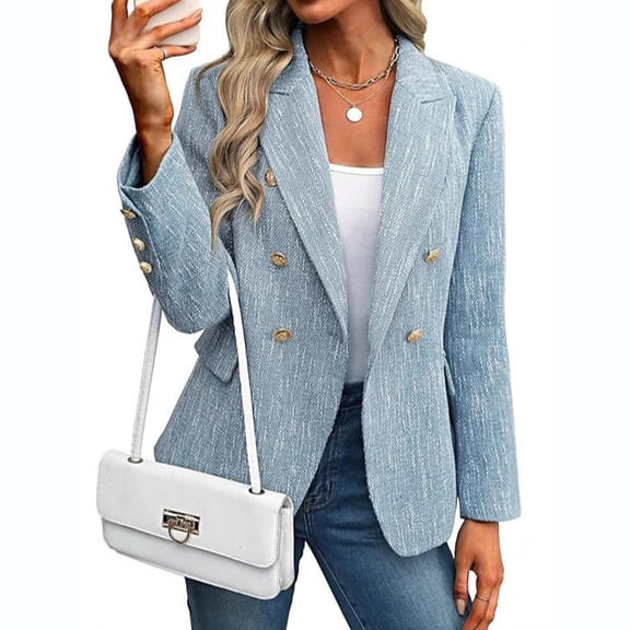LWavelet Double-Breasted Textured Blazer with Gold Buttons Women Trendy Fall Office Casual Structured Versatile Outerwear Light Blue L