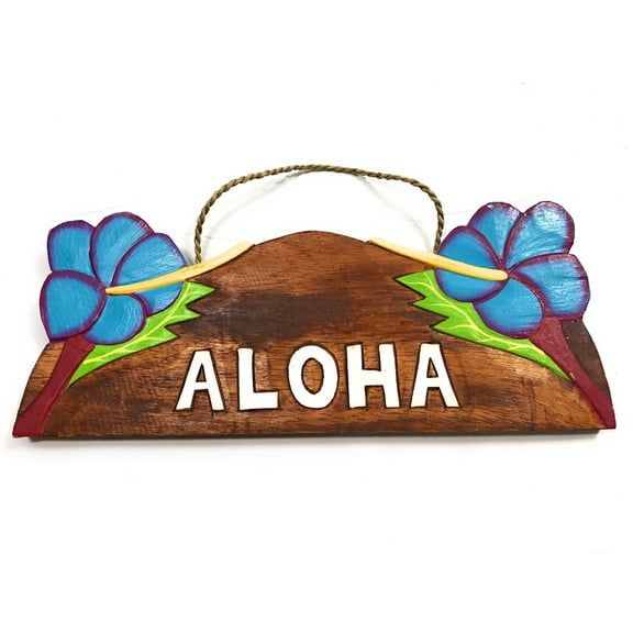 Aloha w/ Hibiscus Wooden Sign 11" X 4.5" - Blue | #snd25108b
