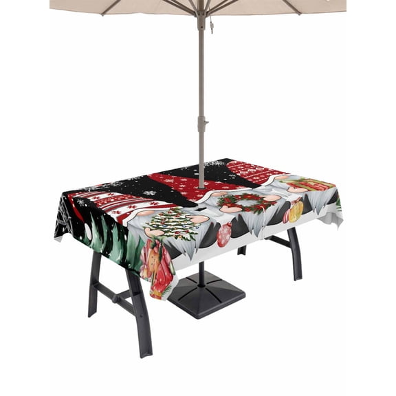 Outdoor Tablecloth with Umbrella Hole and Zipper, Black Red Christmas Rectangle Table Cloth 60x102 Inch Waterproof Tablecloth, Gnomes Xmas Tree Snowflake Gifts Birds Picnic Table Cover for Patio