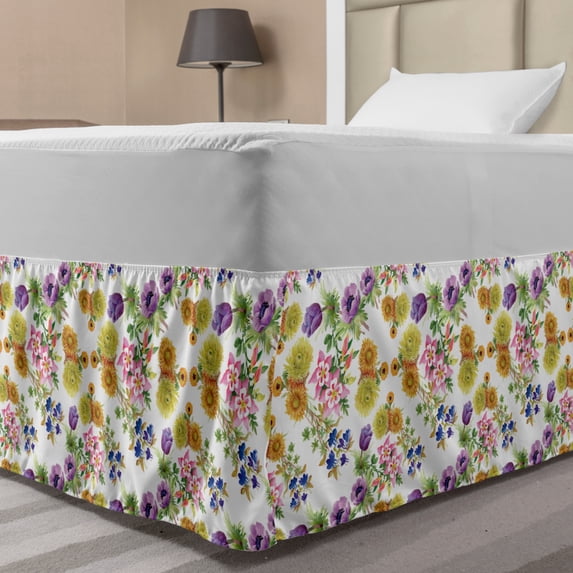 Floral Bed Skirt, Watercolor Painting Style Flourishing Garden Pattern Fresh Romantic Spring Blossoms, Elastic Bedskirt Dust Ruffle Wrap Around for Bedding Decor, 4 Sizes, Multicolor, by Ambesonne