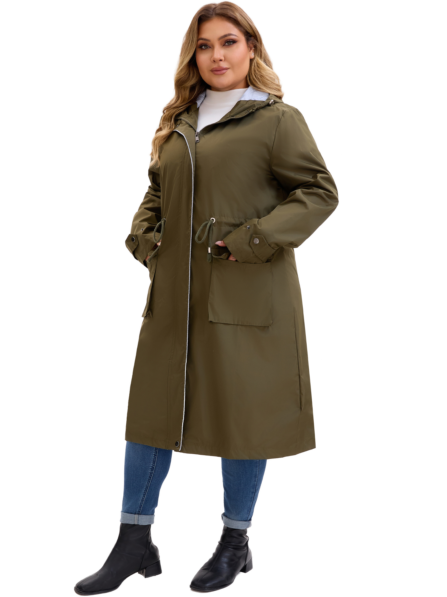 DARING DIVA Plus Size Hooded Long Drawstring Waist Zipper Jacket 1X Army Green