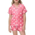 thumbnail image 4 of Toddler Girl Silk Pajamas Girls' Heart Printed Pajamas Short Sleeved Button Top Shorts Home Pajamas Set Pink,10-11 Years, 4 of 4