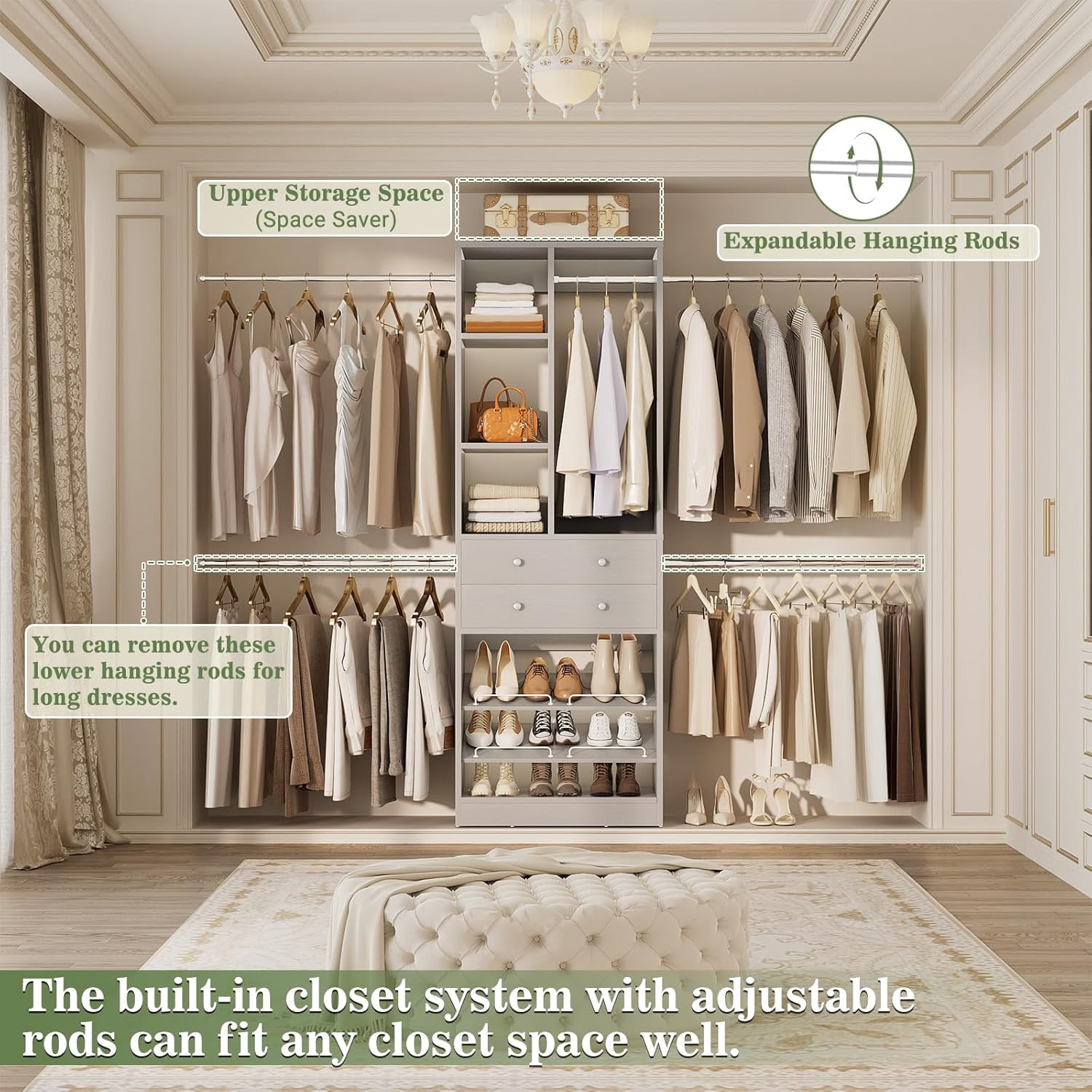 Homieasy Closet System, 2.4–8.8 FT Closet Organizer System with 2 Drawers, 5 Hanging Rods and Shoe Racks for Walk-in Closet, Bedroom, Gray