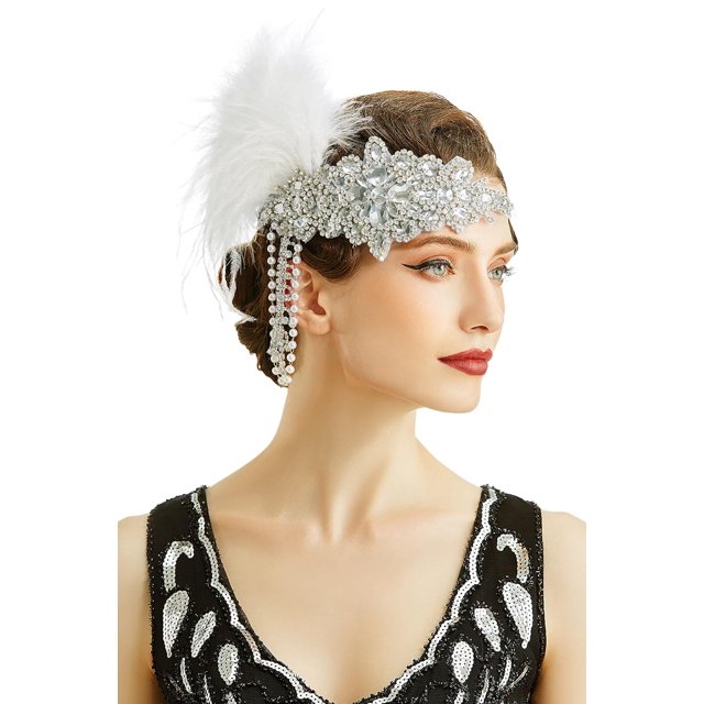 Diadema para mujer de los años 20, tocado de plumas con cadena, accesorio para el cabello para fiesta temática del Gran Gatsby rugiente de los años 20 (blanco)