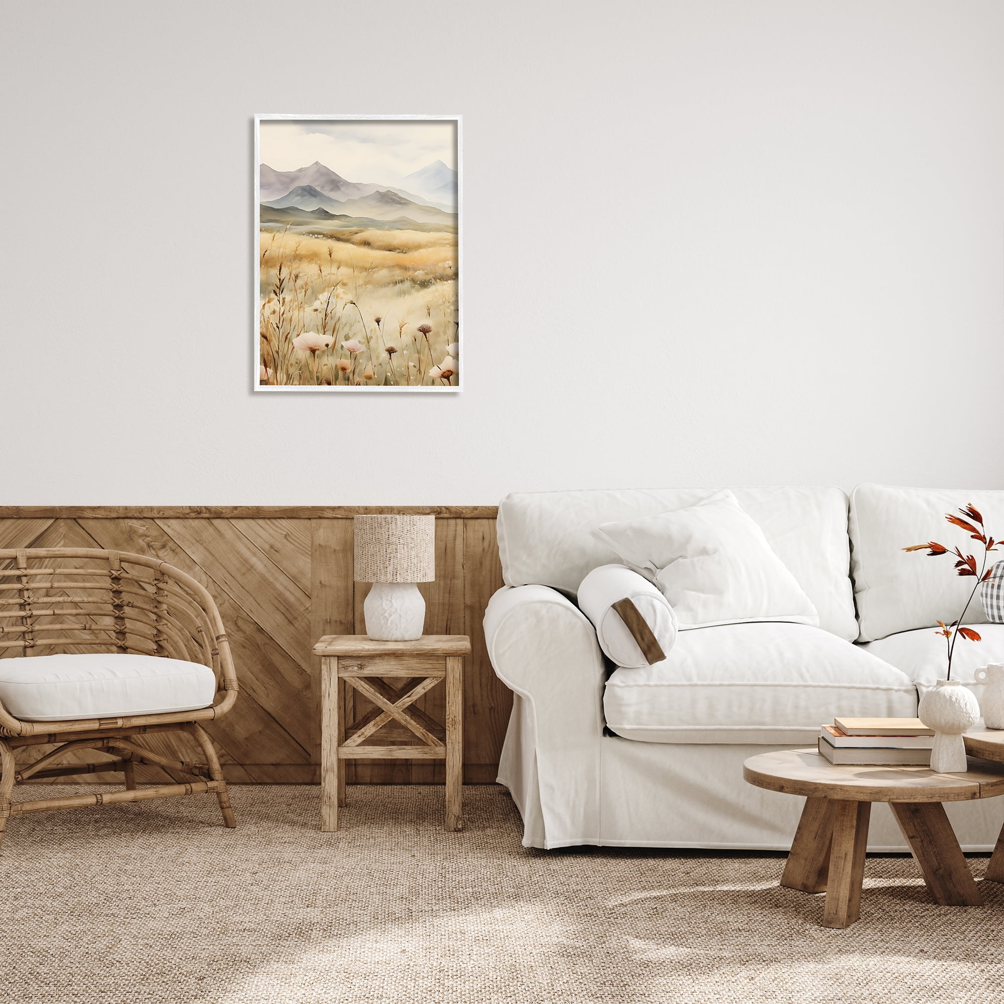 Stupell Industries Soft Mountainside Meadow Landscape Painting White Framed Art Print Wall Art, 24 x 30