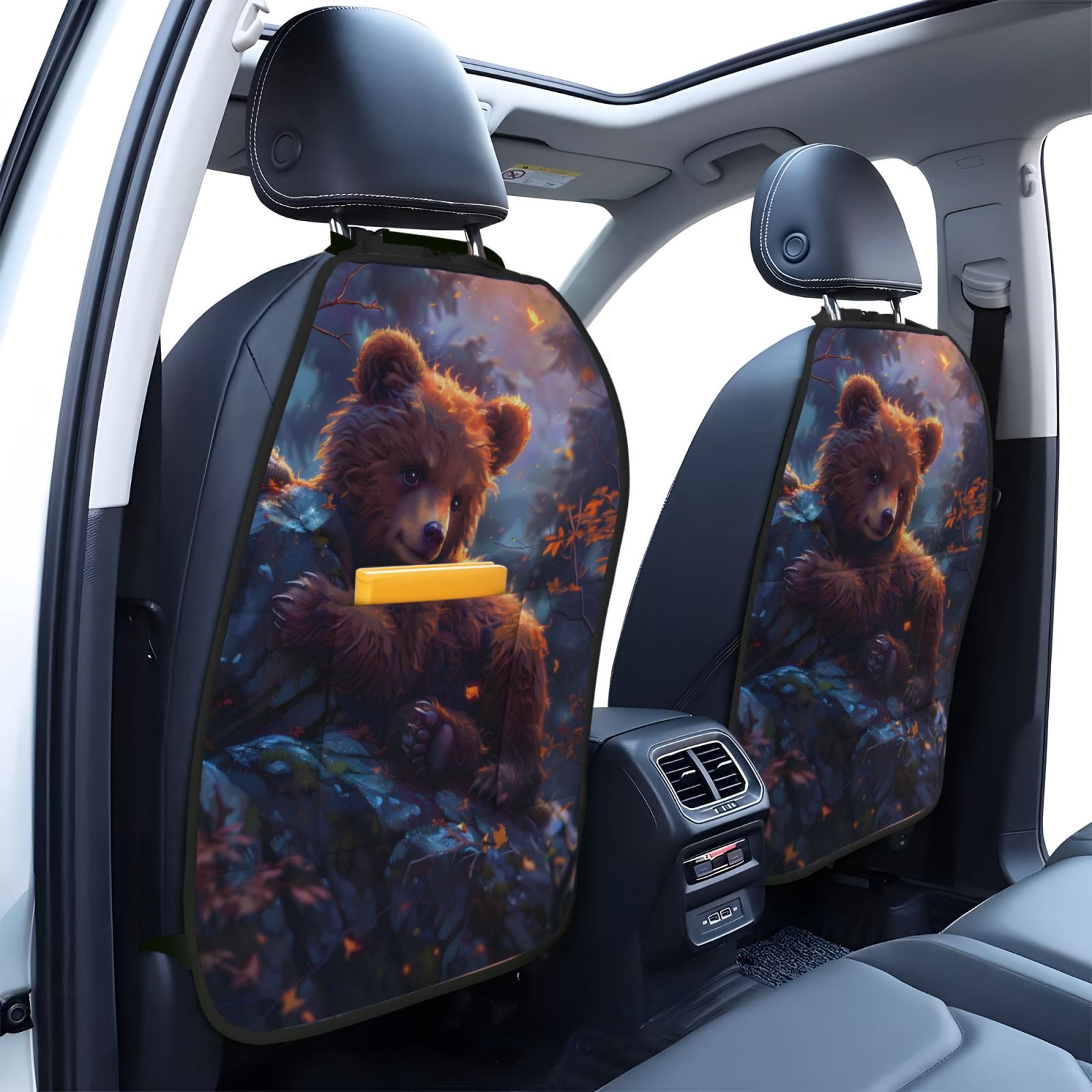 Xecao Lazy Stone Bear Pattern Car Seat Back Protector 2 Pack Large Capacity Pocket, Kick Mats Back Seat Protector