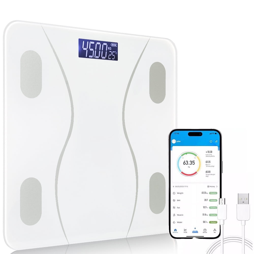 COWIN Smart Digital Body Fat Scale Rechargeable Bluetooth Connection Electronic Bathroom Scale Personal Bathroom Scale 397LB Capacity Minimalist Design White Edition, White