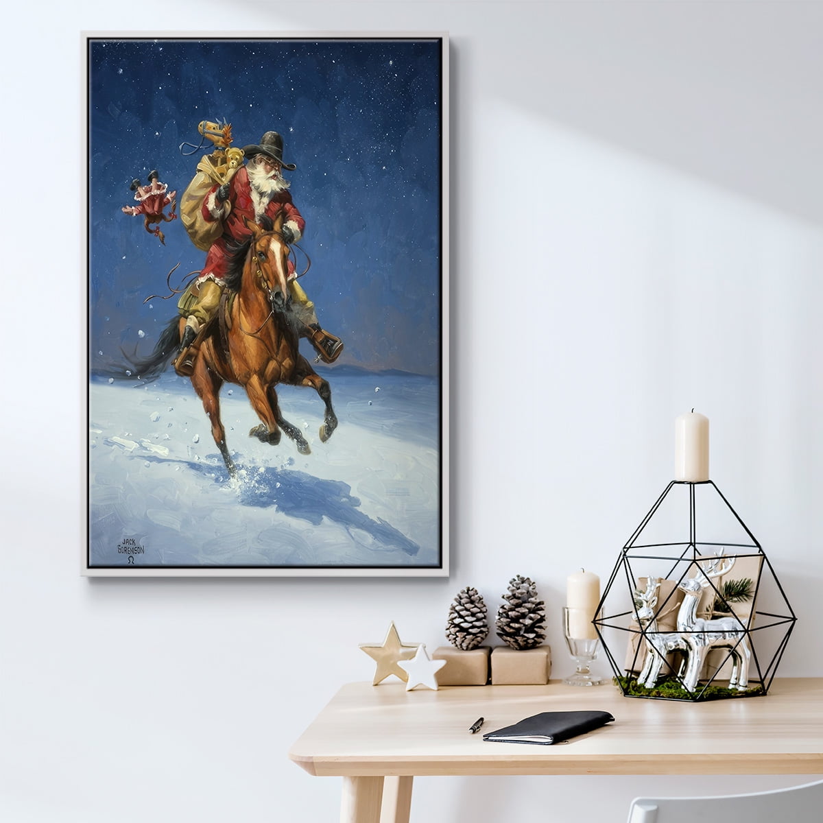 Midnight Rider - Framed Gallery Wrapped Holiday Canvas - 17 x 25 - White Frame