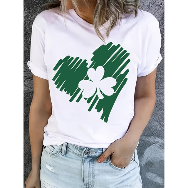 Women's St. Patrick's Day Shamrock Heart Graphic T-Shirt - Crew Neck, Short Sleeve, Casual Casual Attire, Machine Washable - White with Green Clover Design