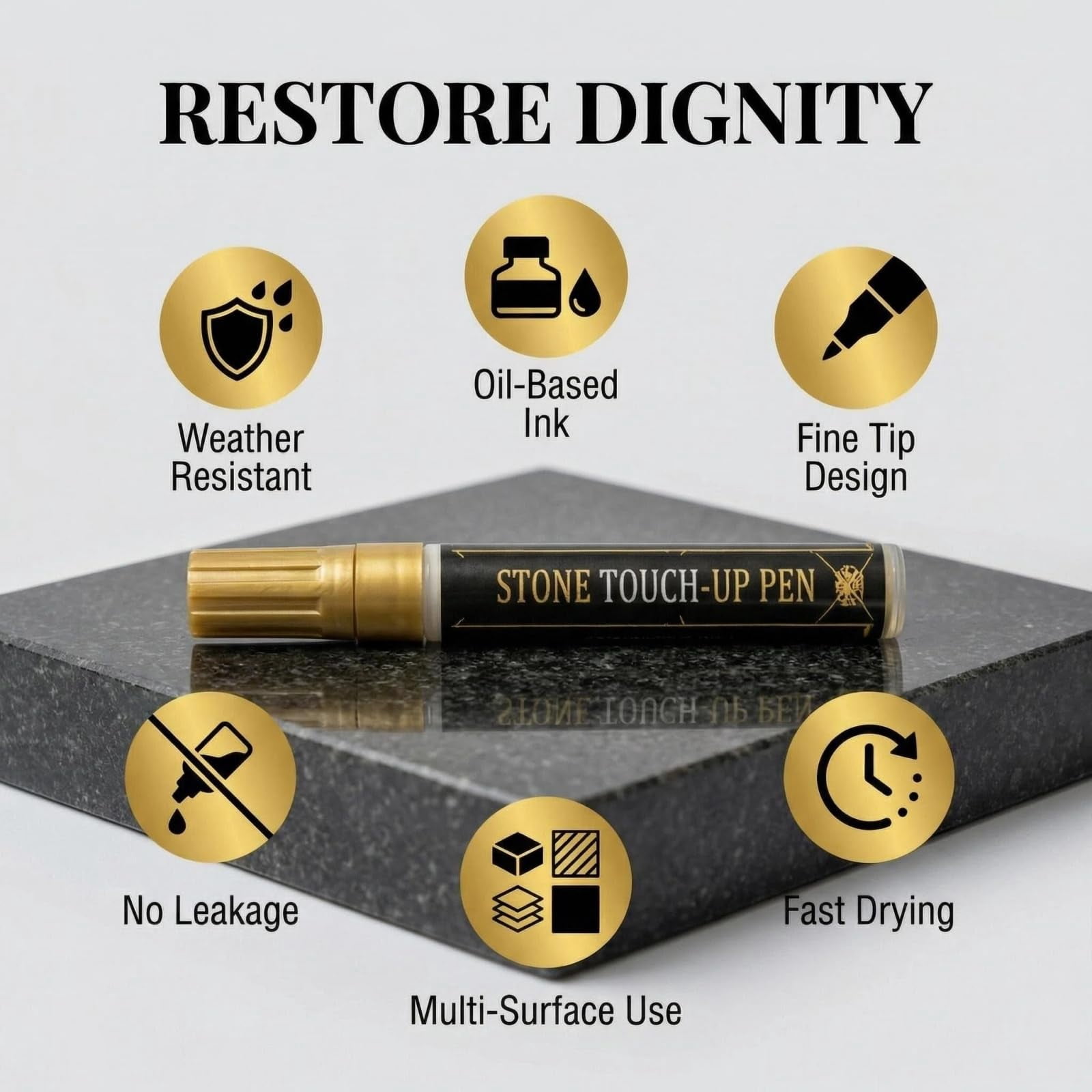 Golden Tombstone Marker Pen for Restoring Faded Grave Inscriptions, Waterproof Fast-Drying Oil-Based Stone Touch Up Pen, Permanent Paint Markers for Granite Headstones