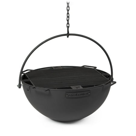 Ash & Ember 30" Cast Iron Cauldron Fire Pit Bowl with Double Hinged Grill