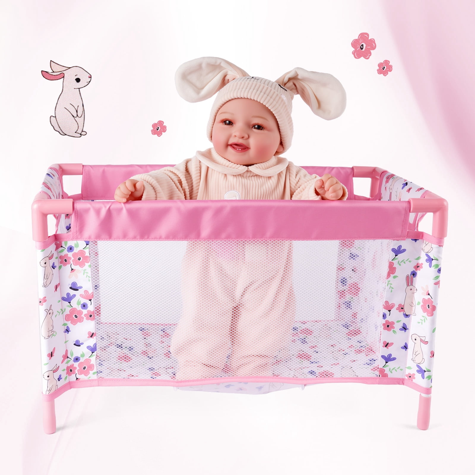 RSG Reborn Baby Doll Crib, Pink Floral Foldable Doll Bed for 17-20 Inch Reborn Dolls, Portable Doll Furniture with Storage Bag, Pretend Play Gift for Kids Ages 3+