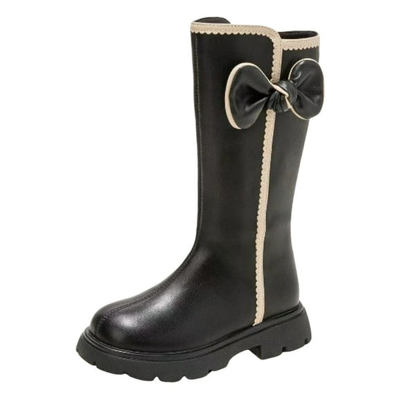 Girls Riding Boots Cute Bow Zipper Mid Calf Fall Winter Booties Round Toe Chunky Lug Sole Princess Boots