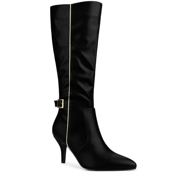 BLISSFUL STEP Women's Boots Knee High Stiletto Heel Boots Pointy Toe Buckle Zipper Boots Black 7