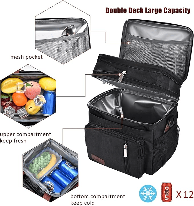 Premium Cooler & Lunch Box for Men and Women - Double Deck, Leakproof, Insulated Soft Large Adult Lunch Tote (Black, 15L)