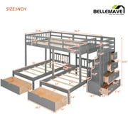 Bellemave Triple Bunk Bed with Stairs for 3, Wood Full over Twin & Twin 3 Bunk Bed with 6 Storage Drawers, Triple Bunk Bed for Teens Adults (Gray)