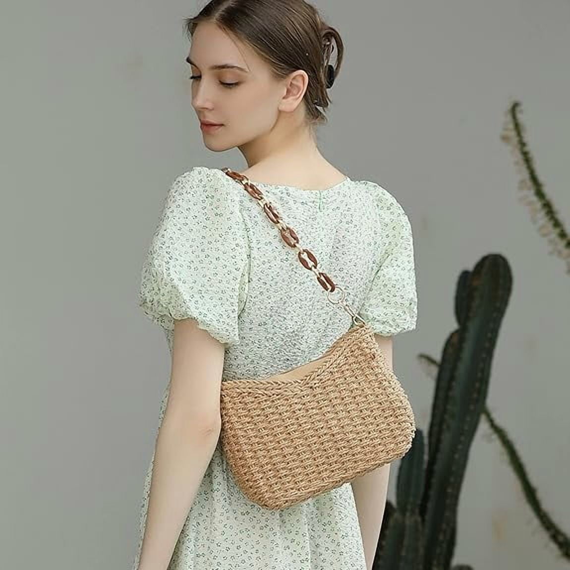 Small Handmade Straw Pocketbook Crossbody Bag for Women, Summer Chic Woven Handbag Shoulder Purse with Chain