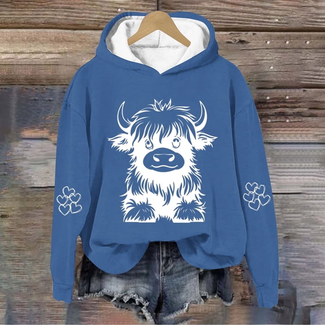 MKOSPLRT Chandails à Capuchon Vache des Highlands pour Enfant Manches Longues Chandails Graphiques Vache Western Décontractés Amples Chandails à Enfiler Hauts Mignons Chandails à Capuchon pour Fille Garçon