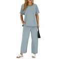 thumbnail image 2 of Women Solid Two Piece Sets, Summer Loungewear Vacation Travel Outfits Short Sleeve V Neck T-Shirt Wide Leg Pants Suits Summer Two Piece Sets for Lady Light Blue S, 2 of 9