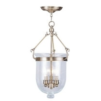 3 Light Antique Brass Chain Lantern Pendant Lighting Fixture with Seeded Glass Shade backed with Steel material for patio, front porch, entryway and more