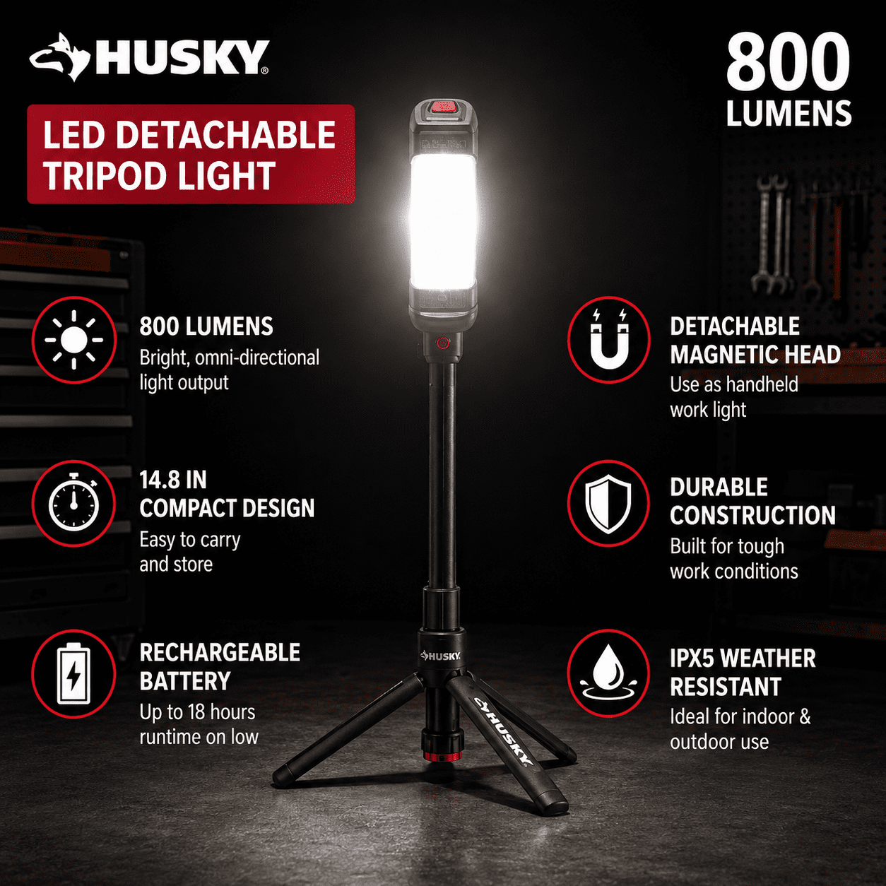 Husky 800-Lumen Rechargeable LED Detachable Tripod Work Light, Magnetic Base, 4 Light Modes, K40526