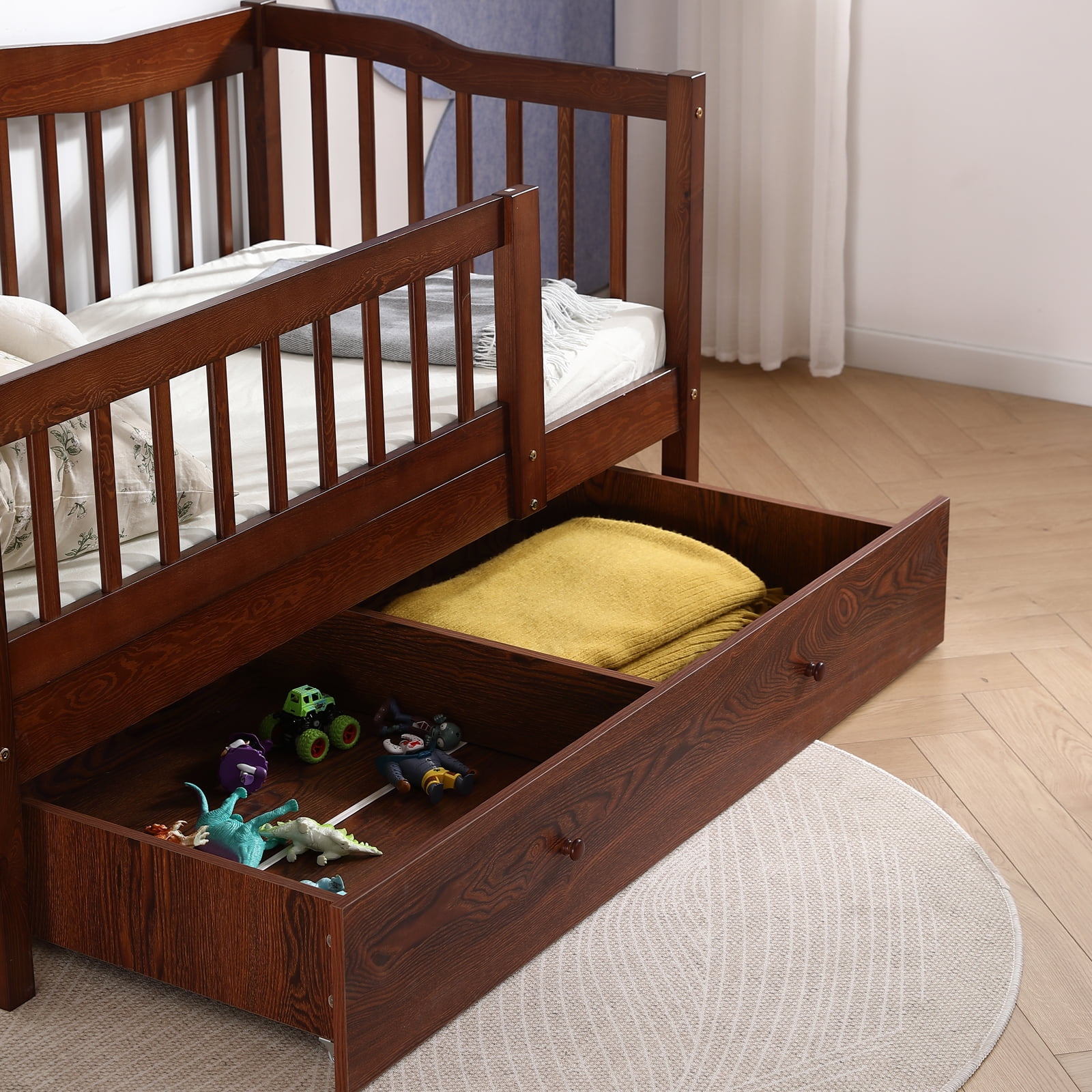 Ktaxon Toddler Daybed with Storage Drawers, Wood Kids Platform Bed Frame with Rails, No Box Spring Needed, Easy Assembly - Brown