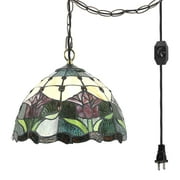 FSLiving Hanging Swag Lamp Portable Tiffany Style Vivid Green Pendant Light Stained Glass Baroque Style Colorful Chandelier with 15ft Plug-in UL On/Off Dimmer Switch Iron Cord,Customizable - 1 Pack