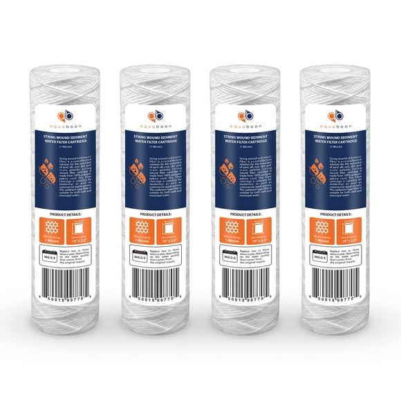 Aquaboon 1 Micron Sediment Filter - 10" x 2.5" String Wound Water Filter Replacement - Well Water Filter Cartridges Compatible with RO Filters & Whole House Water Filters AP110, WFPFC4002, 4-Pack