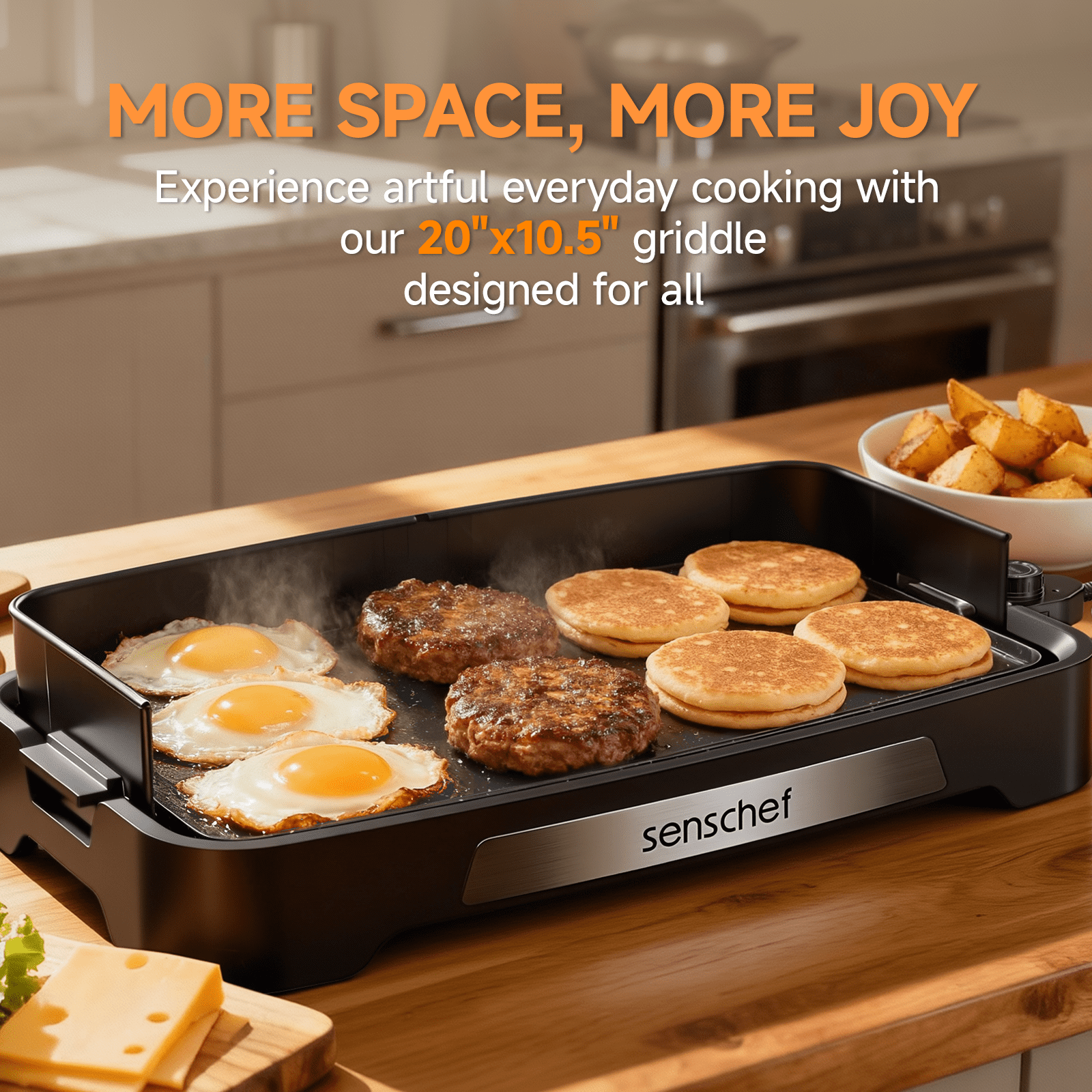 SENSCHEF Cleansnap 20 inch Electric Griddle, Foldable Anti-Mess Shield, 1700W Rapid Heating, ILAG Nonstick, Dishwasher Safe, Great Gift, Midnight Black