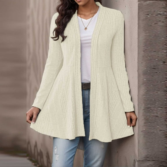 SDNall Women's Solid Color Long Sleeve Cardigan, Comfortable, Ribbed Fleece, Open Front, Autumn/Winter
