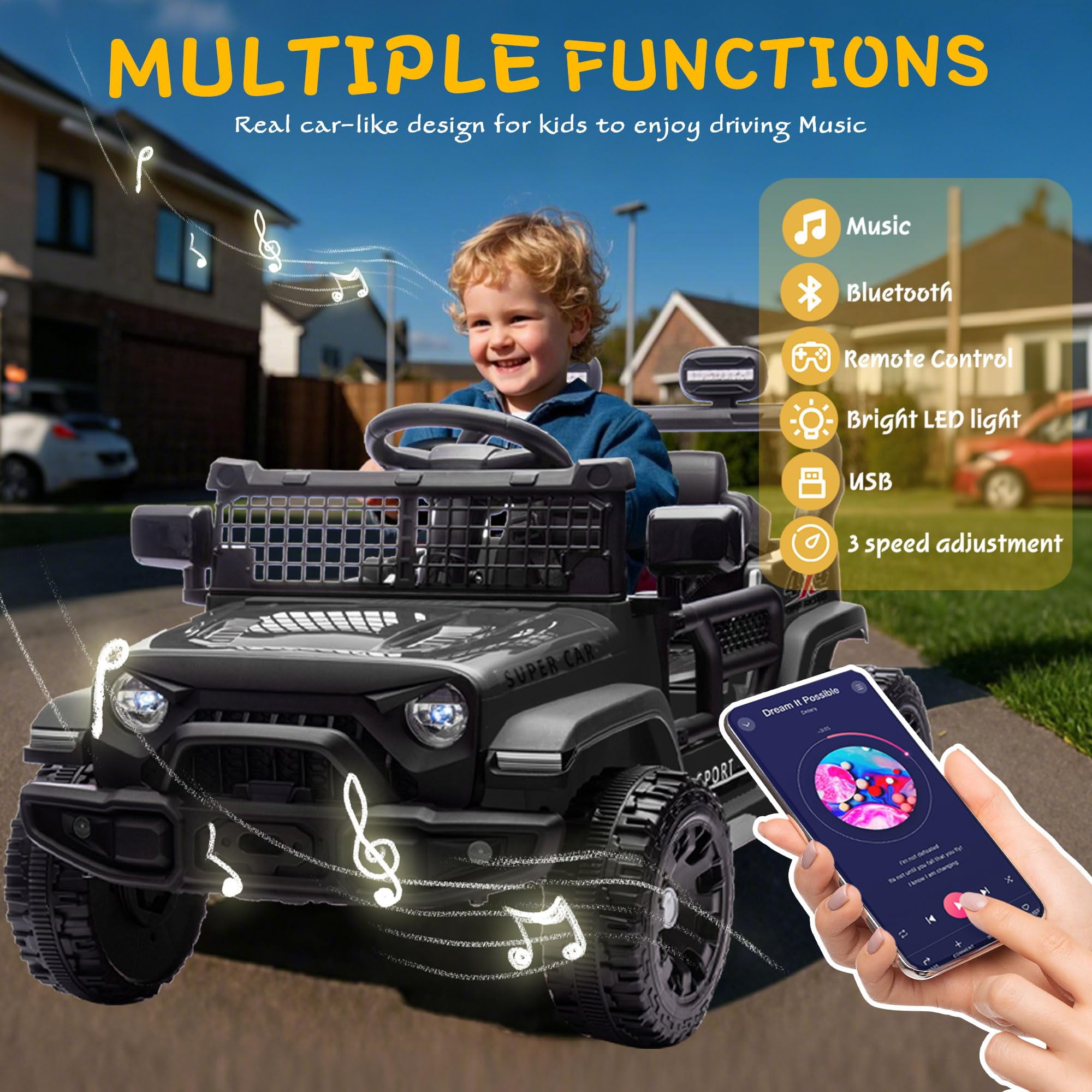 HTW24V Kids Ride On Truck with Parental Remote Control – Electric Off-Road Car for Boys & Girls, 4-Wheel Suspension, Bluetooth Music, LED Lights, Power Display, Ages 3+ (Black)​