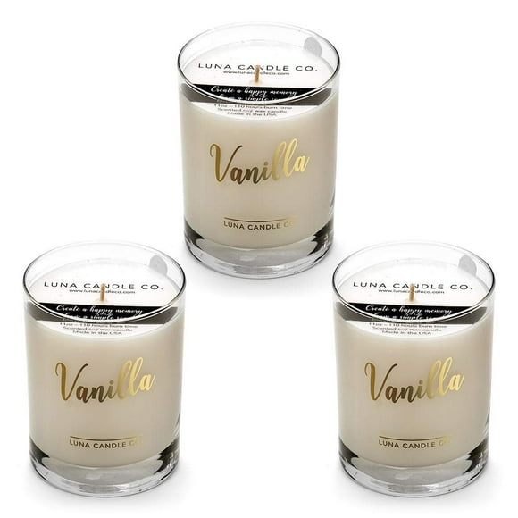 LUNA CANDLE CO. Highly Scented, Luxurious Vanilla Jar Candle with Soy Wax, 11oz. Glass, Up to 110 Hours of Burn Time, Hints of Milky Caramel and Floral Jasmine, Made in The USA (3 Pack)