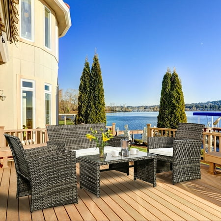 Costway 4 Pc Rattan Patio Furniture Set Garden Lawn Sofa Cushioned Seat Mix Gray Wicker