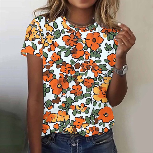 Liquidation Fatuov Hauts d'Été Grande Taille pour Femmes Motif Floral T-Shirts Graphiques Manches Courtes Col Rond Blouses Confortables Multicolores