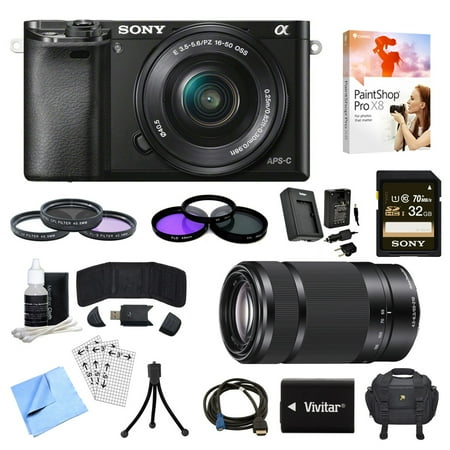 Sony Alpha a6000 Black Camera with 16-50mm, 55-210mm Lenses and Accessories Bundle - Includes Camera, 2 Lenses, 2 Filter Kits, Memory Card, Software, Carrying Case, Battery, and More