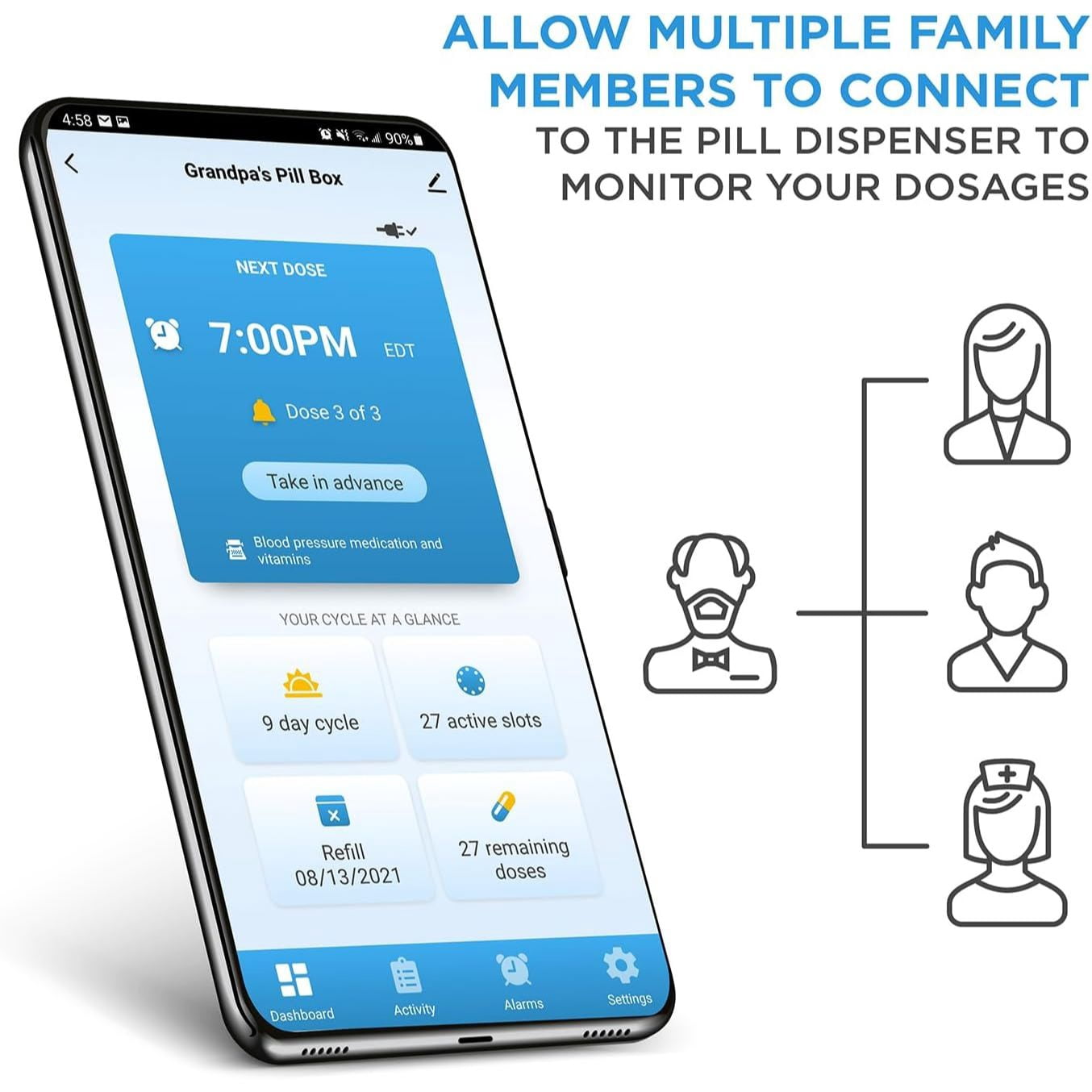 LiveFine Smart WiFi Automatic Pill Dispenser 28-Day Organizer 9 Doses Daily Lock Key Alarms