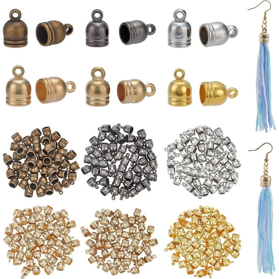 300pcs Cord End Cap 6 Style Plastic Tassel Caps Round Glue-in End Caps End Tip with Loop Ring Barrel Loop Kumihimo End Cap for DIY Tassel Earring Choker Bracelet Necklace Bag 6/6.5mm ID Mixed Color