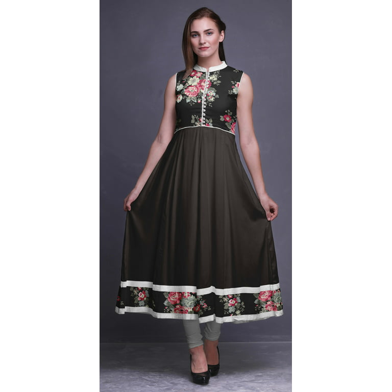 Bimba Black3 Floral Anarkali Dress Mandarin Collar Sleeveless Kurtis for Women  Print Maxi Dress X-Small 