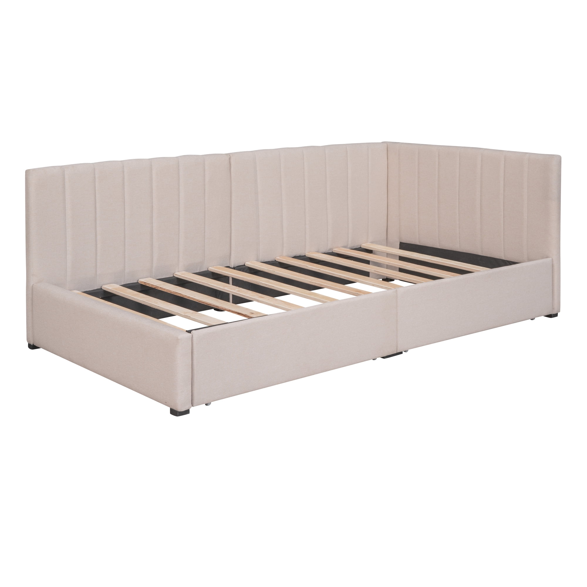 Clipeyh Classic Wood+Linen Upholstered Twin Size Daybed with 2 Storage Drawers Beige