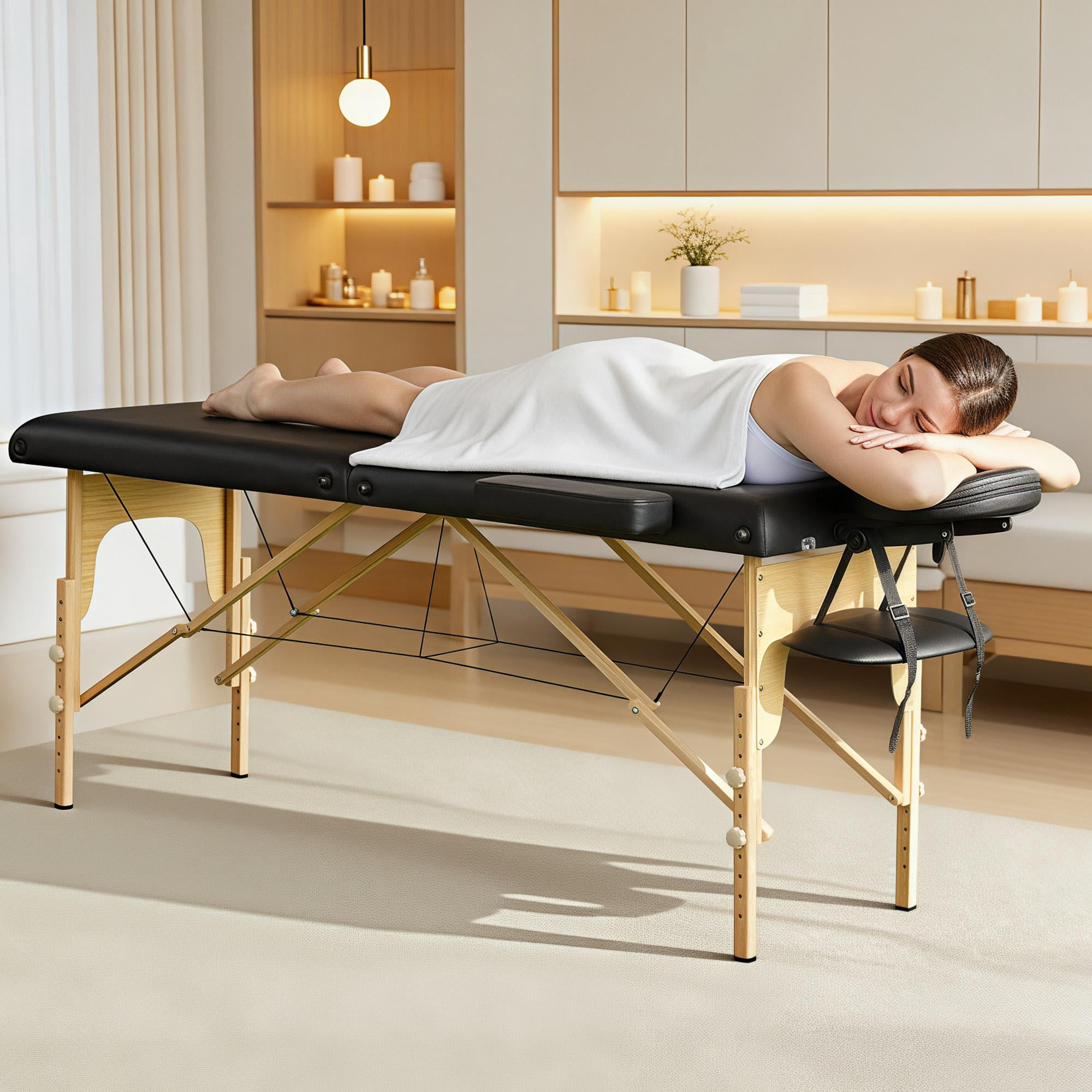 Alden Design 2 Section Adjustable and Foldable Wooden Massage Table, 84" x 30.5", Black