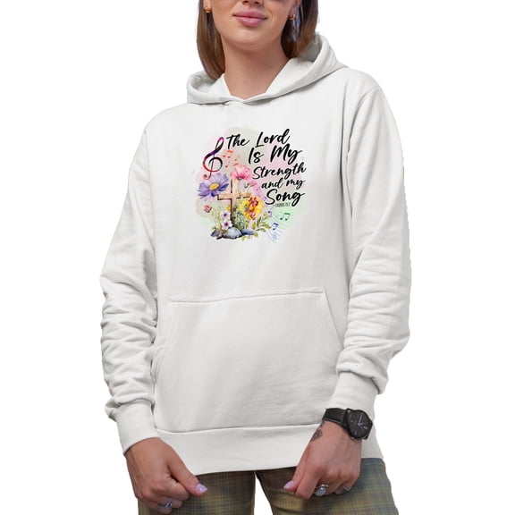 The Lord Is My Strength and My Song Exodus 15 2 Bible Verse with Music Notes Art Merch Gift, White Hooded Sweatshirt or Hoodie, Small