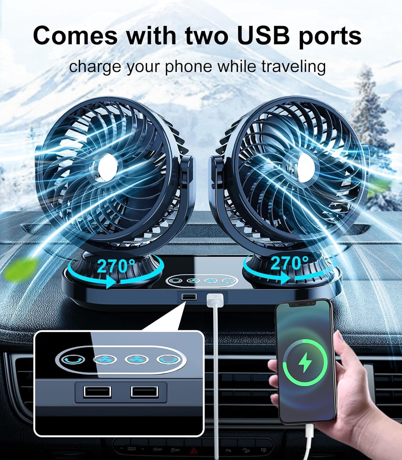 Car Cooling Fan, Dual Head Auto Oscillating Car Cooling Fan for Dashboard, DC 12V/24V Cigarette Lighter Powered 3 Speeds Vehicle Fan, Comes with 2 USB Charging Ports for Sedan Suv Rv Van Truck