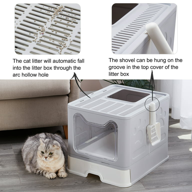 Suhaco Extra Large Cat Litter Box with Lid Top Entry Covered Foldable Kitty  Litter Box Include Litter Scoop Enclosed Kitten Litter Box with Drawer Tray  Easy to Clean, Grey 