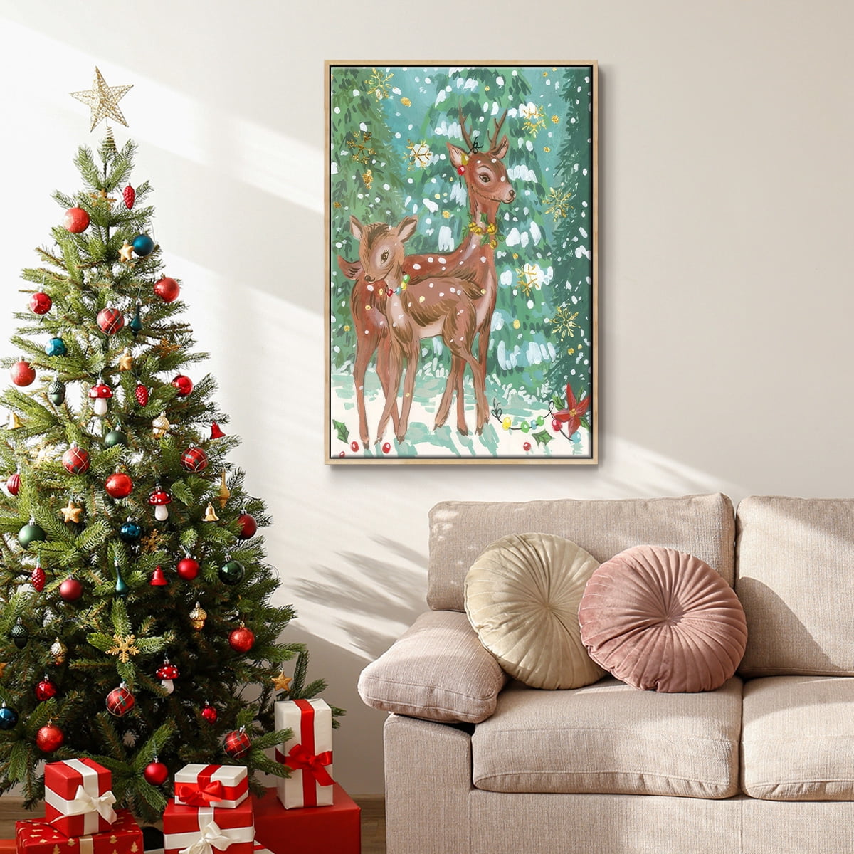 Doe and Fawn II - Framed Gallery Wrapped Holiday Canvas - 17 x 25 - Natural Wood Frame