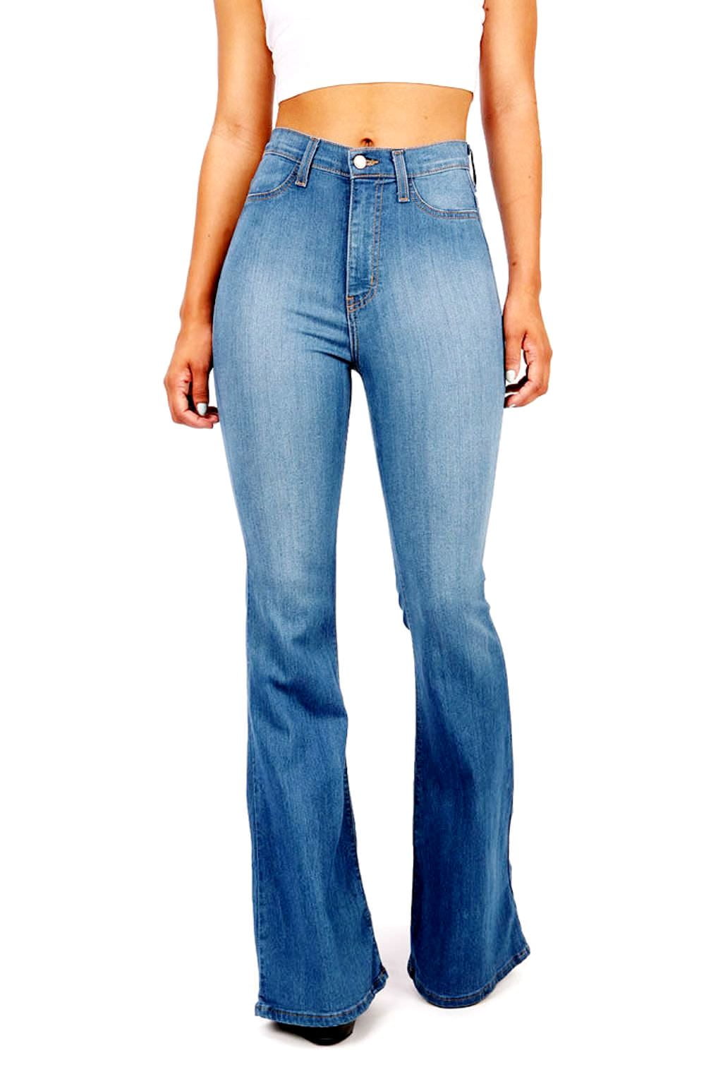 Women's Vintage Denim Jeans High Waist Stretch Skinny Slim Flared Trousers Pant 