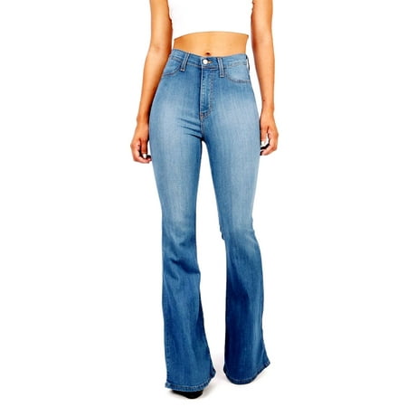 Jack David Vintage High Waist Womens Juniors 70s Trendy Slim Fit Asymmetric Tassel Slit Flared Bell Bottom Denim Jeans Pants