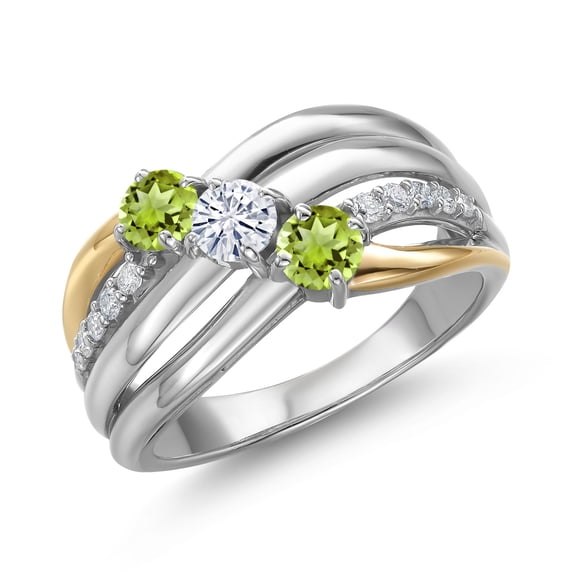 Gem Stone King 925 Silver and 10K Yellow Gold Green Peridot and Moissanite and Lab Grown Diamond Engagement Ring for Women | 0.98 Cttw | Round 4MM | August Birthstone | Size 9